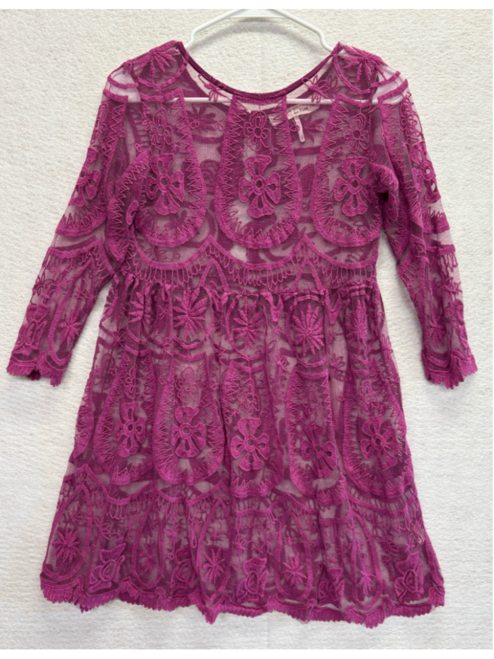 Jen's Pirate Booty for Free People Fuchsia Lace Sheer Boho Mini Dress Size S